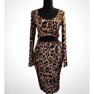 Fashion Nova Leopard Print Long Sleeve Midi Dress